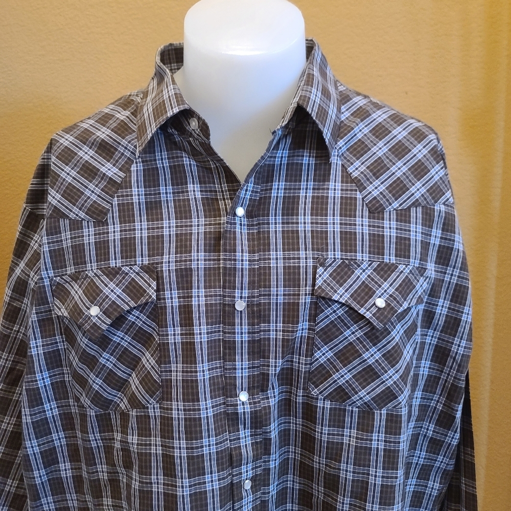Plains Big Man Men's Brown Plaid Peal Button Western Long Sleeve Shirt. 2XL
